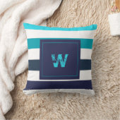 ブルーモダンティール(緑がかった色)ストライプモノグラム クッション (ブランケット)