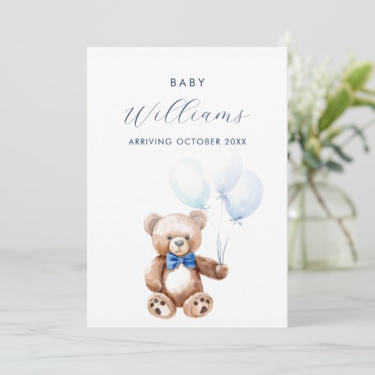 ブルーモダンテディベアミニマリスト妊娠 案内状 (スタンド正面)