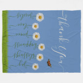 ブルーモダンデイジーフローラサンキュータイポグラフィ フリースブランケット (正面(横))