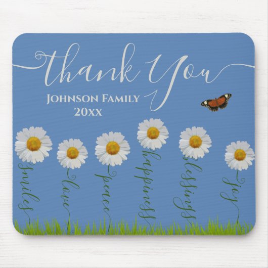 ブルーモダンデイジーフローラサンキュータイポグラフィ マウスパッド (正面)