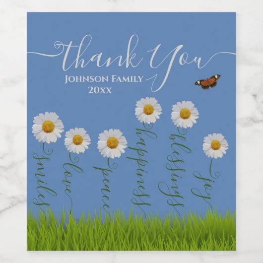 ブルーモダンデイジーフローラサンキュータイポグラフィ ワインラベル (シングルラベル)