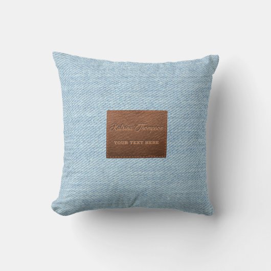 ブルーモダンデニムジーンズのテクスチャー革パッチ クッション (正面)