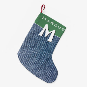 ブルーモダンデニムジーンズモノグラム名キッズ スモールクリスマスストッキング