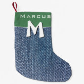 ブルーモダンデニムジーンズモノグラム名キッズ スモールクリスマスストッキング (正面)