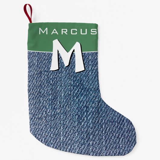 ブルーモダンデニムジーンズモノグラム名キッズ スモールクリスマスストッキング (正面)