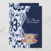 ブルーモダンデニムレースフローラカントリー茶パーティー 招待状 (正面/裏面)