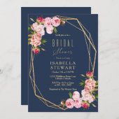 ブルーモダンネイビーシンプル赤面ピンクブライダルシャワー 招待状 (正面/裏面)