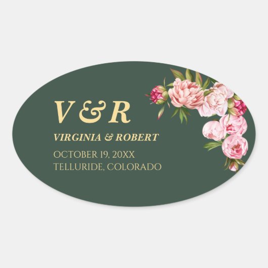 ブルーモダンネイビーモノグラムダークグリーン結婚ズ 楕円形シール (正面)