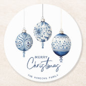 ブルーモダンノルディックスタイルオーナメントメリークリスマス ラウンドペーパーコースター (正面)