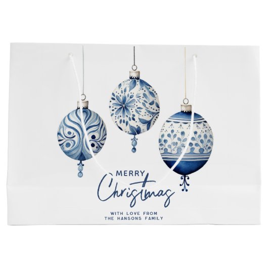 ブルーモダンノルディックスタイルオーナメントメリークリスマス ラージペーパーバッグ (裏面)