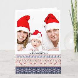 ブルーモダンノルディックセーター飛んでいるトナカイ模様 シーズンカード