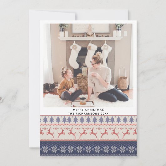 ブルーモダンノルディックセーター飛んでいるトナカイ模様 シーズンカード (正面)