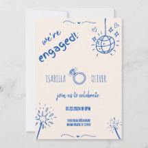 ブルーモダンハンドドロー婚約パーティ招待状