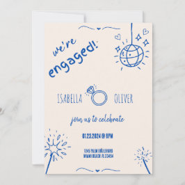 ブルーモダンハンドドロー婚約パーティ招待状 招待状