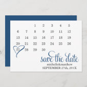 ブルーモダンハートカレンダー結婚式の日付を保存 セーブザデート (正面/裏面)