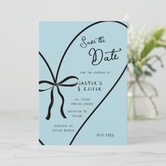 ブルーモダンハートボウフォトウェディング日付を保存 招待状 (スタンド正面)