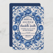 ブルーモダンバラフラワーアンティークブライダルシャワー 招待状 (正面/裏面)