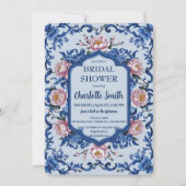 ブルーモダンバラフラワーアンティークブライダルシャワー 招待状 (正面)