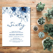 ブルーモダンバラフローラグリーン60誕生日 招待状