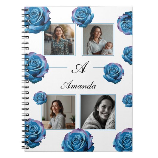 ブルーモダンバラモノグラムフォトコラージュカスタムママ ノートブック (正面)