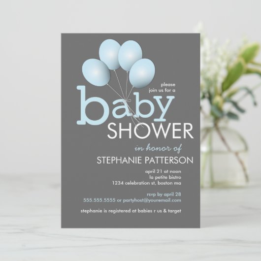 ブルーモダンバルーンボーイ赤ちゃんシャワー招待状 招待状 (スタンド正面)