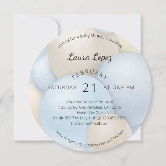 ブルーモダンバルーン赤ちゃんシャワー招待状 シーズンカード (正面)