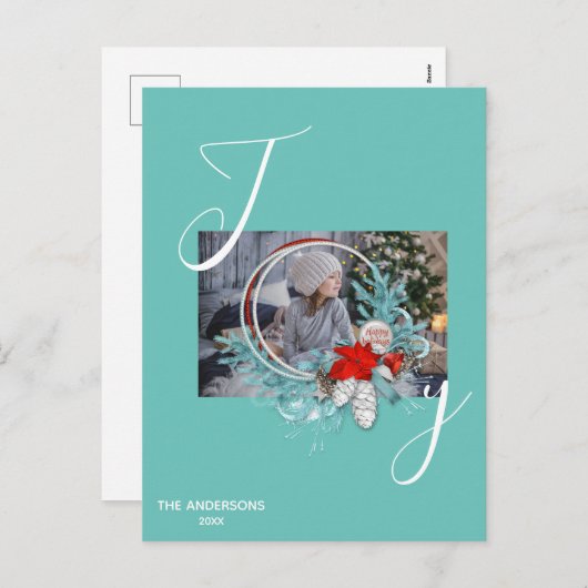 ブルーモダンパインリースジョイフォトホリデーカード シーズンポストカード (正面/裏面)