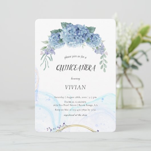 ブルーモダンパープルフローラキンセアニェラ招待状 招待状 (スタンド正面)