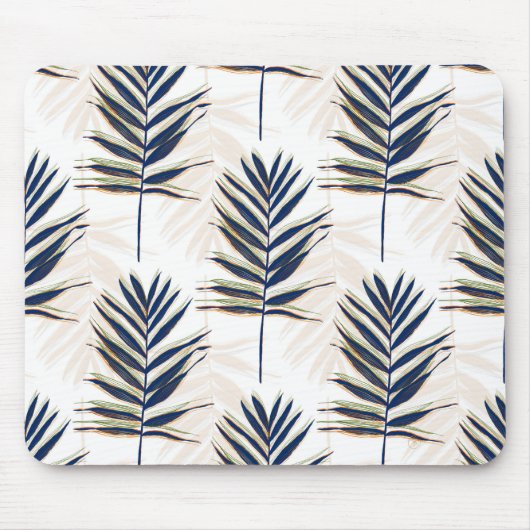 ブルーモダンパーム葉金ゴールドストローク白デザイン マウスパッド (正面)