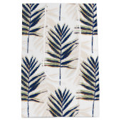 ブルーモダンパーム葉金ゴールドストローク白デザイン ミディアムペーパーバッグ (裏面)