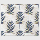 ブルーモダンパーム葉金ゴールドストローク白デザイン ラッピングペーパー (フラット)