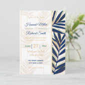 ブルーモダンパーム葉金ゴールドストローク白デザイン 招待状 (スタンド正面)