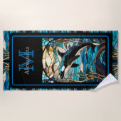 ブルーモダンビーチライフオルカホエールイン海 ビーチタオル (正面)