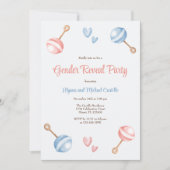 ブルーモダンピンクベビーおもちゃジェンダー表示パーティー 招待状 (正面)