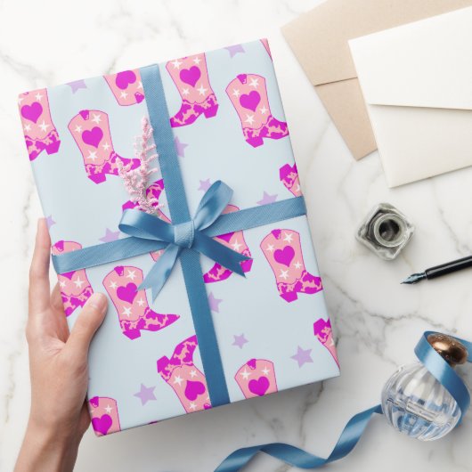 ブルーモダンピンク女性のカーボーイウエスタンブーツスターズ ラッピングペーパー (ギフト)