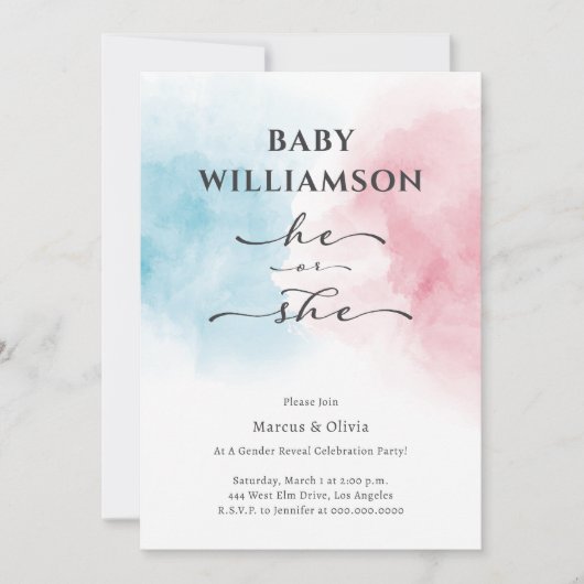 ブルーモダンピンク彼は彼女のジェンダー明かすパーティー 招待状 (正面)