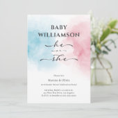 ブルーモダンピンク彼は彼女のジェンダー明かすパーティー 招待状 (スタンド正面)