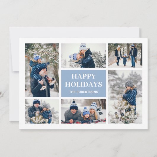 ブルーモダンファミリー8フォトコラージクリスマスカード (正面)