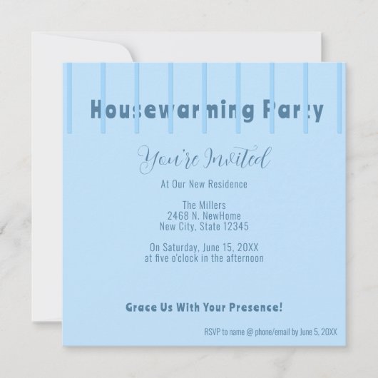 ブルーモダンフェンス引っ越し祝いパーティーパーティの招待状 案内状 (正面)