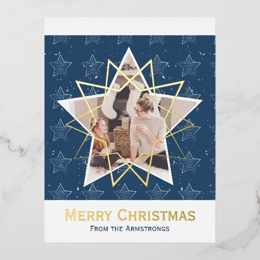 ブルーモダンフォイル星メリークリスマスフォト 箔シーズンポストカード (正面)