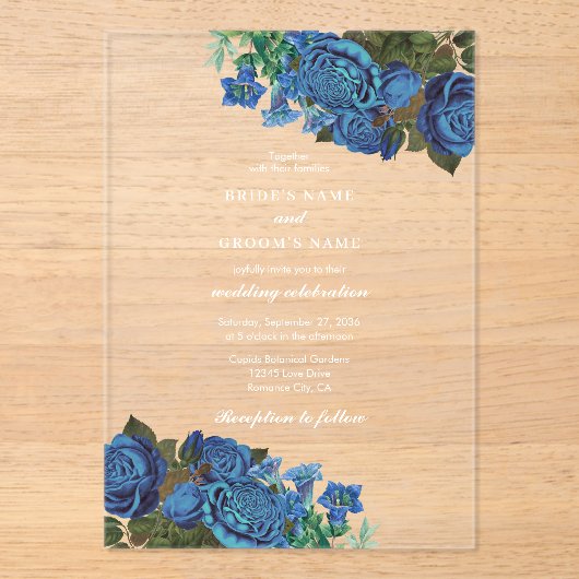 ブルーモダンフローラウォーターカラーエレガントな結婚式 アクリル招待状 (正面)