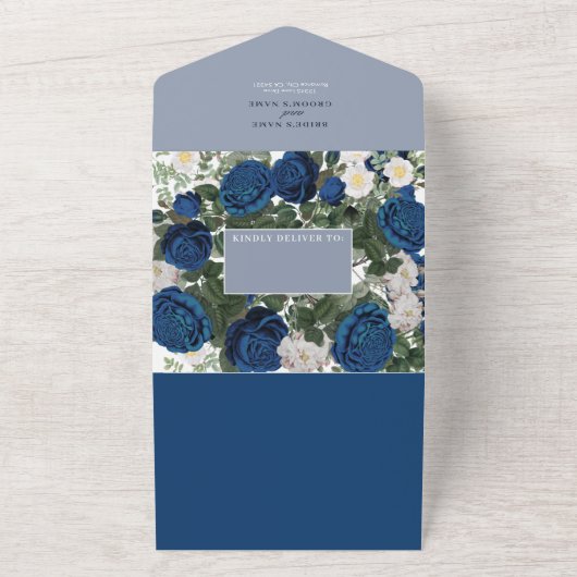 ブルーモダンフローラウォーターカラーエレガントな結婚式 オールインワン招待状 (外側)