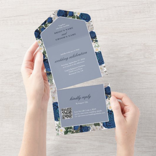 ブルーモダンフローラウォーターカラーエレガントな結婚式 オールインワン招待状 (貼ってはがせる)