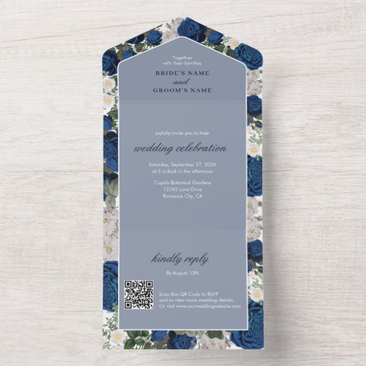 ブルーモダンフローラウォーターカラーエレガントな結婚式 オールインワン招待状 (内側)