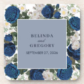 ブルーモダンフローラウォーターカラーエレガントな結婚式 コースター (正面)