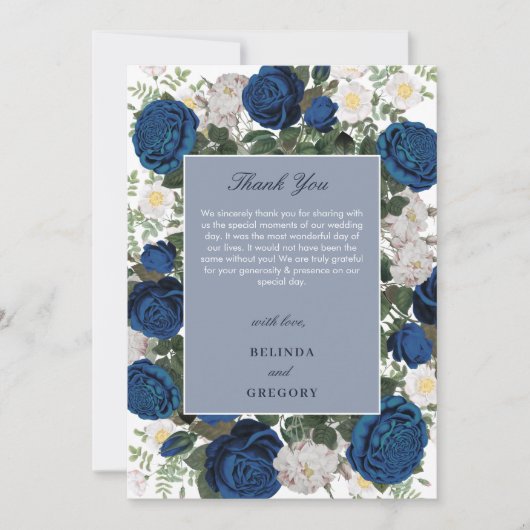 ブルーモダンフローラウォーターカラーエレガントな結婚式 サンキューカード (正面)