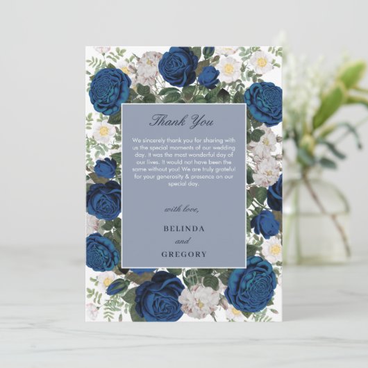 ブルーモダンフローラウォーターカラーエレガントな結婚式 サンキューカード (スタンド正面)