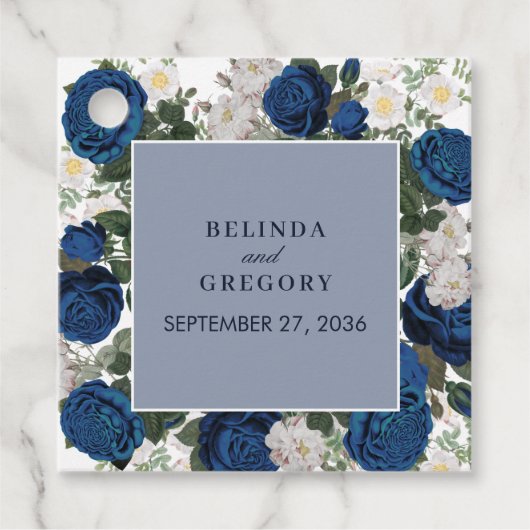 ブルーモダンフローラウォーターカラーエレガントな結婚式 フェイバータグ (正面)