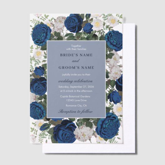 ブルーモダンフローラウォーターカラーエレガントな結婚式 ベラム紙招待状 (オフセット)