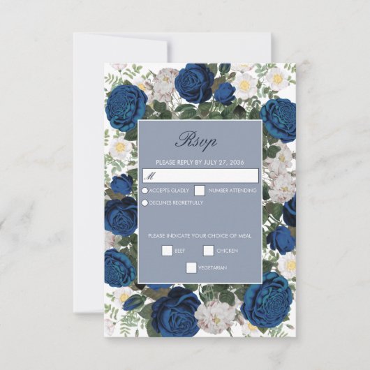 ブルーモダンフローラウォーターカラーエレガントな結婚式 出欠カード (正面)
